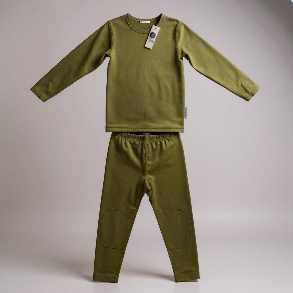 Kids' sage merino wool base layer set: long-sleeve top and leggings
