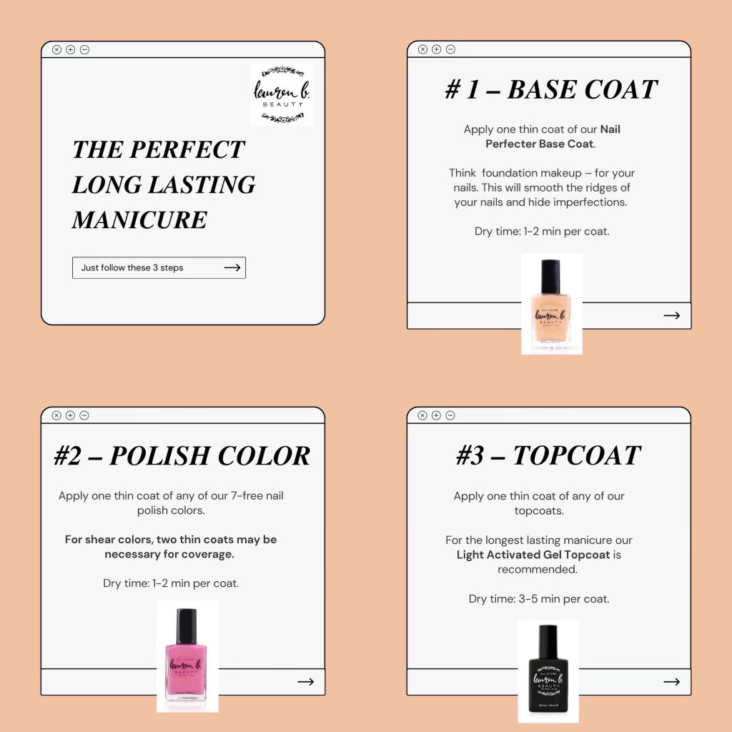 Nail manicure step guide cards showing base coat, polish color, and topcoat
