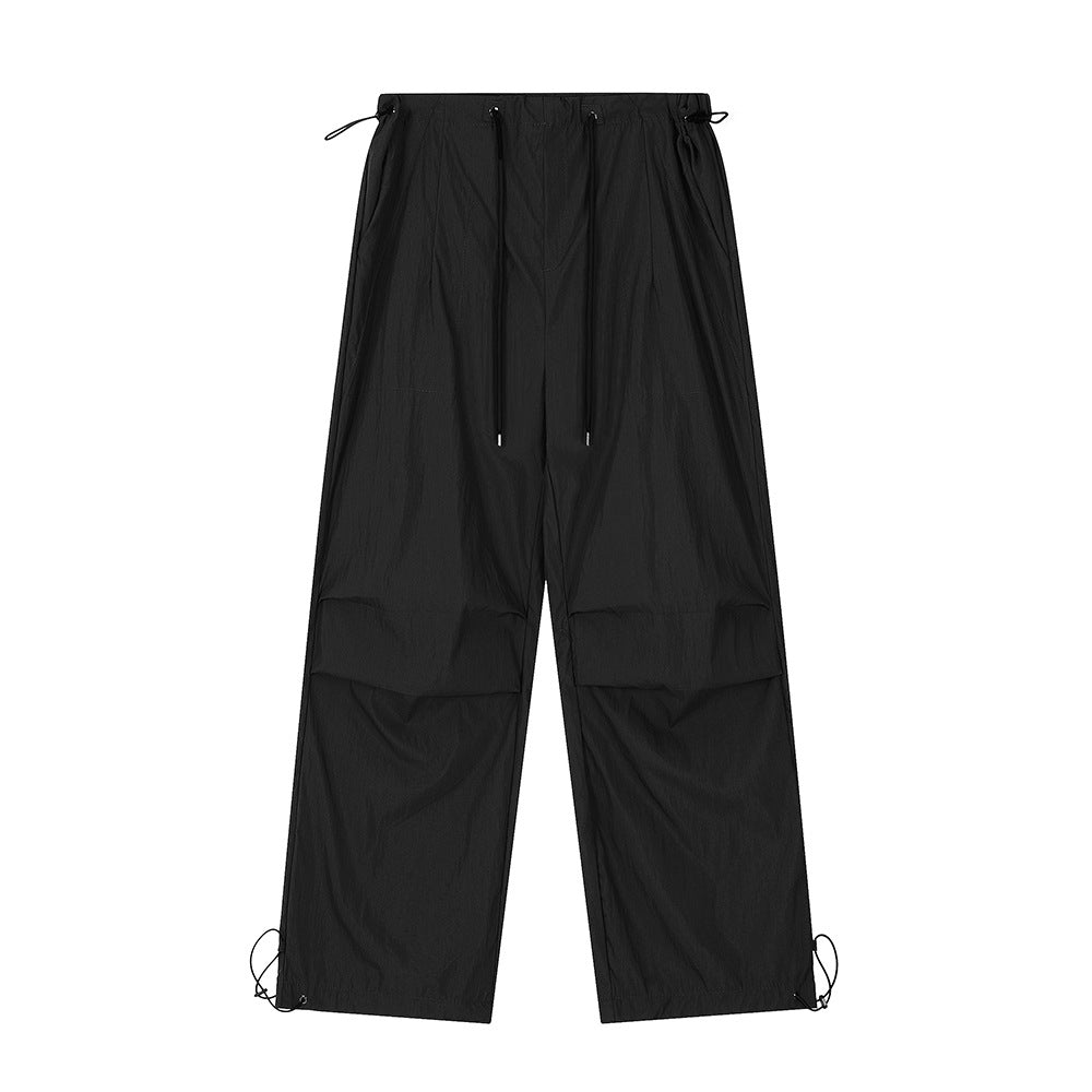 Men's black straight cargo pants with drawstring waist and cuffed hem, side pockets