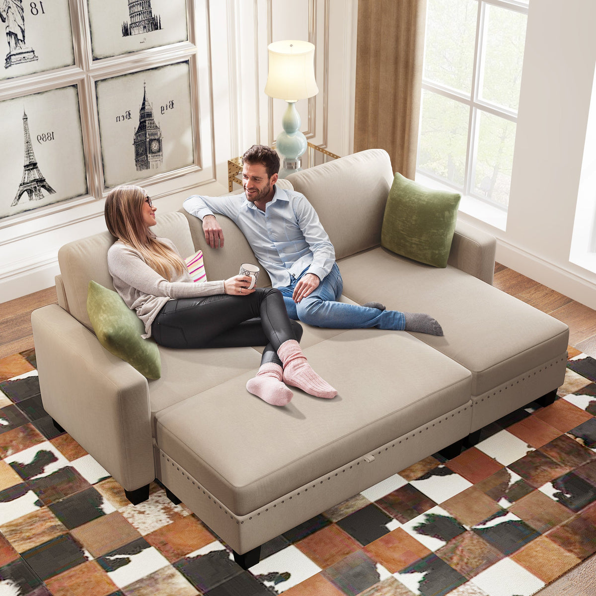 Warm grey sectional sofa with chaise, seat cushions, and decorative pillows in living room