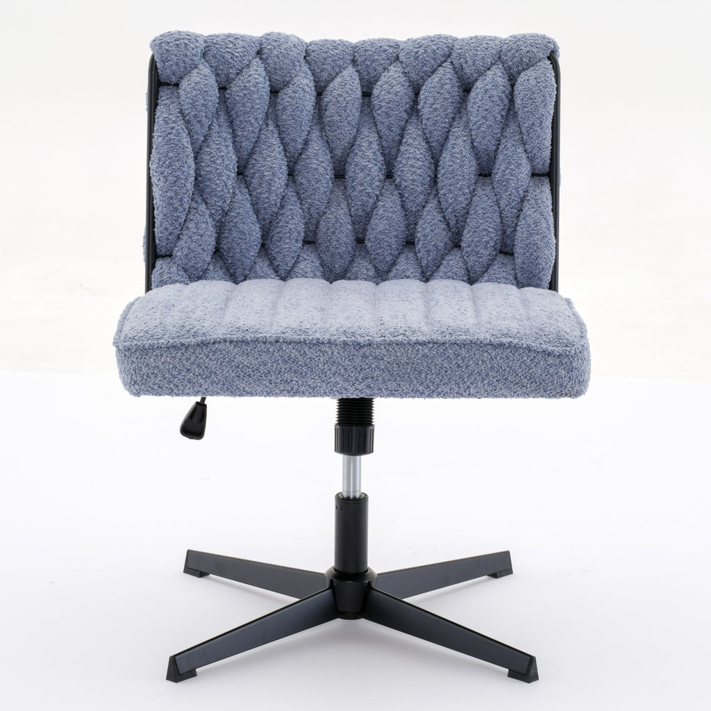 Blue armless office desk chair with tufted backrest, padded seat cushion, black base