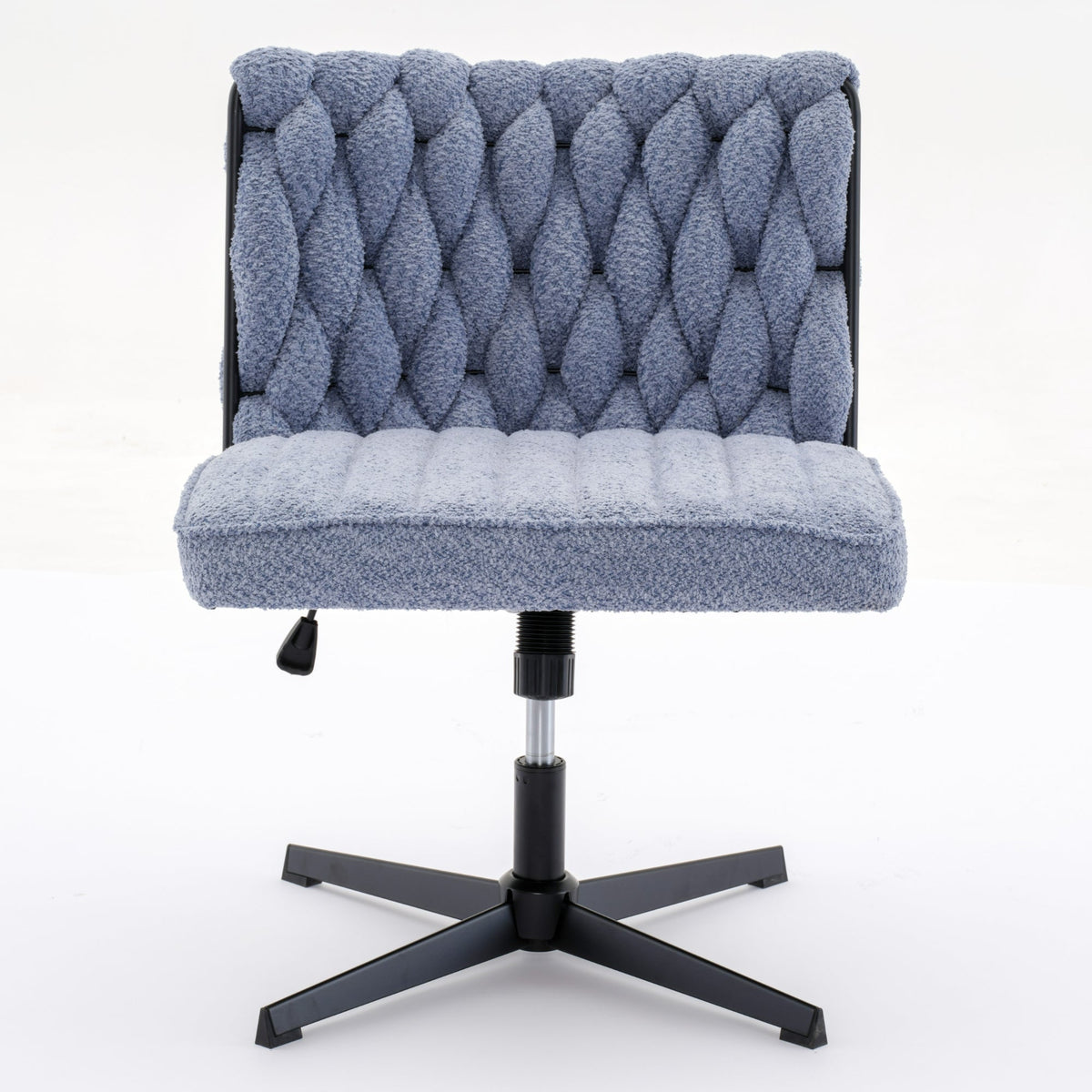 Blue armless office desk chair with tufted backrest, padded seat cushion, black base