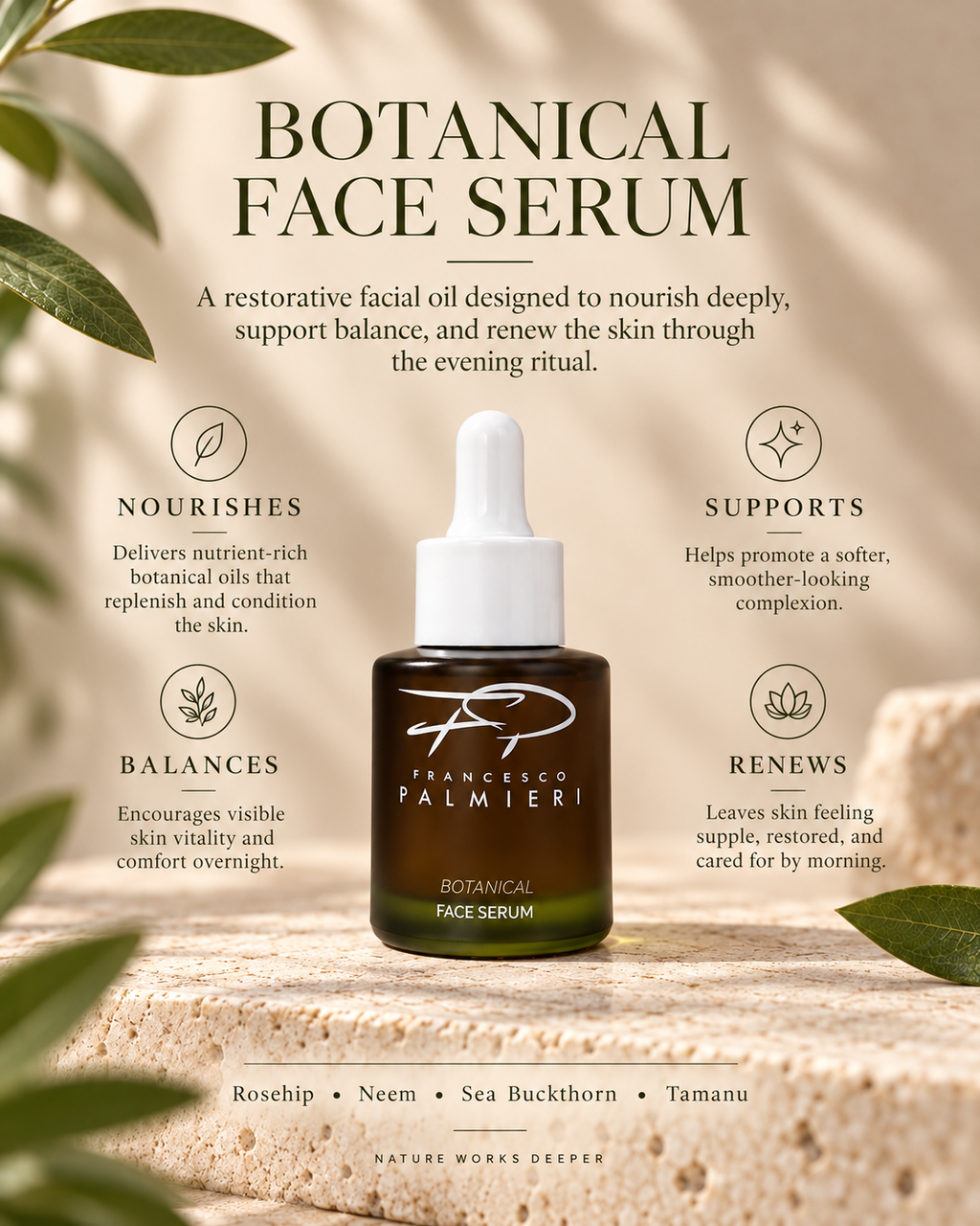 Botanical face serum bottle with white dropper standing on stone, with green leaves