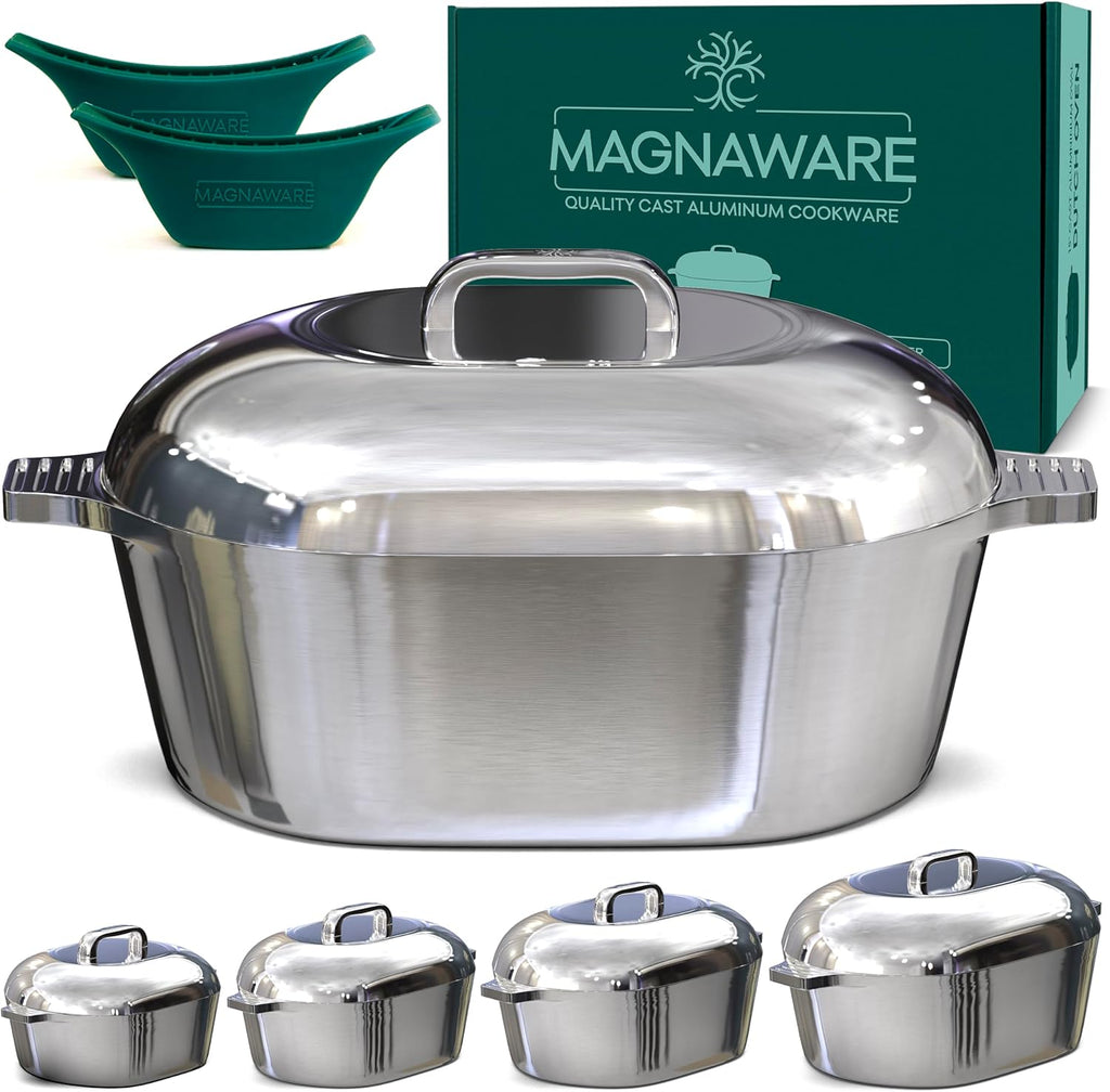 Oval cast aluminum Dutch oven with brushed silver lid and side handles