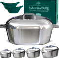 Oval cast aluminum Dutch oven with brushed silver lid and side handles