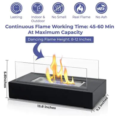 Black indoor mini alcohol fireplace with glass shield and dancing flames