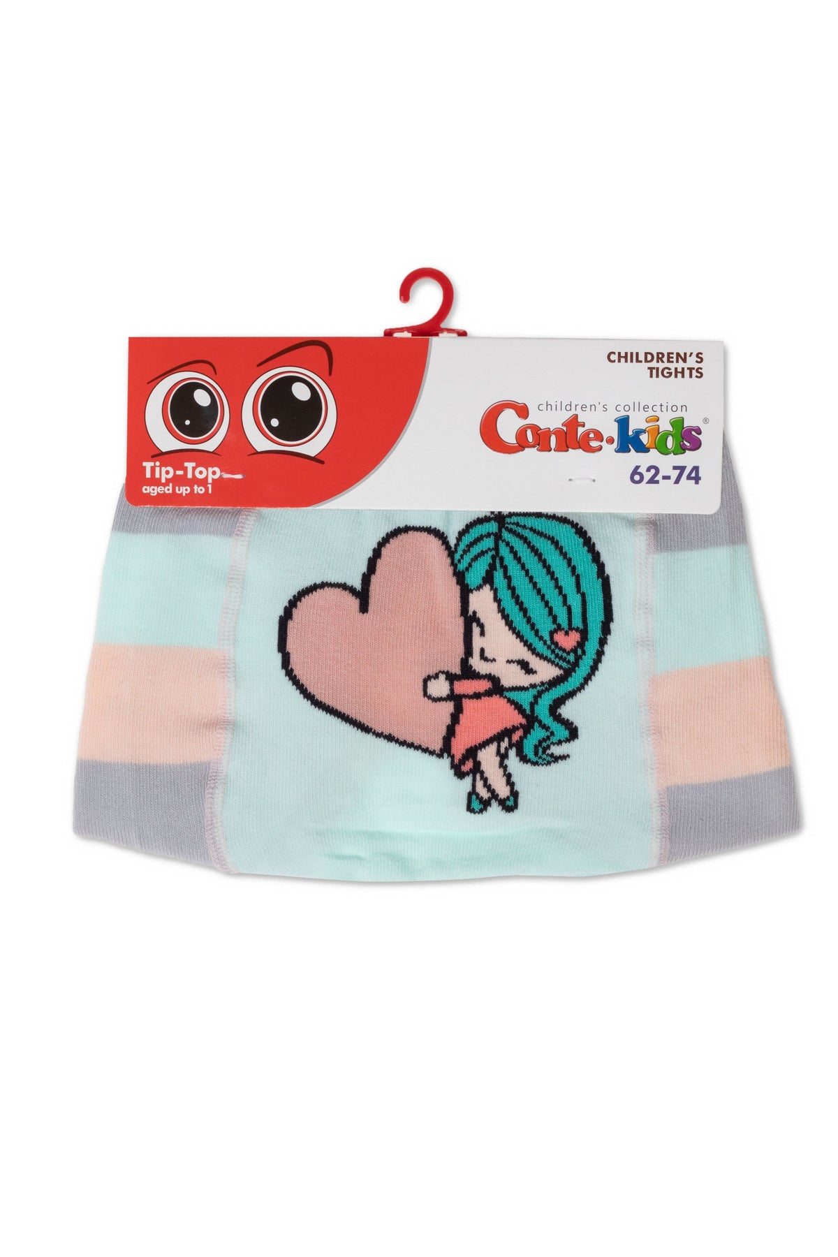 Kids cotton tights in packaging with pastel stripes and cartoon girl graphic