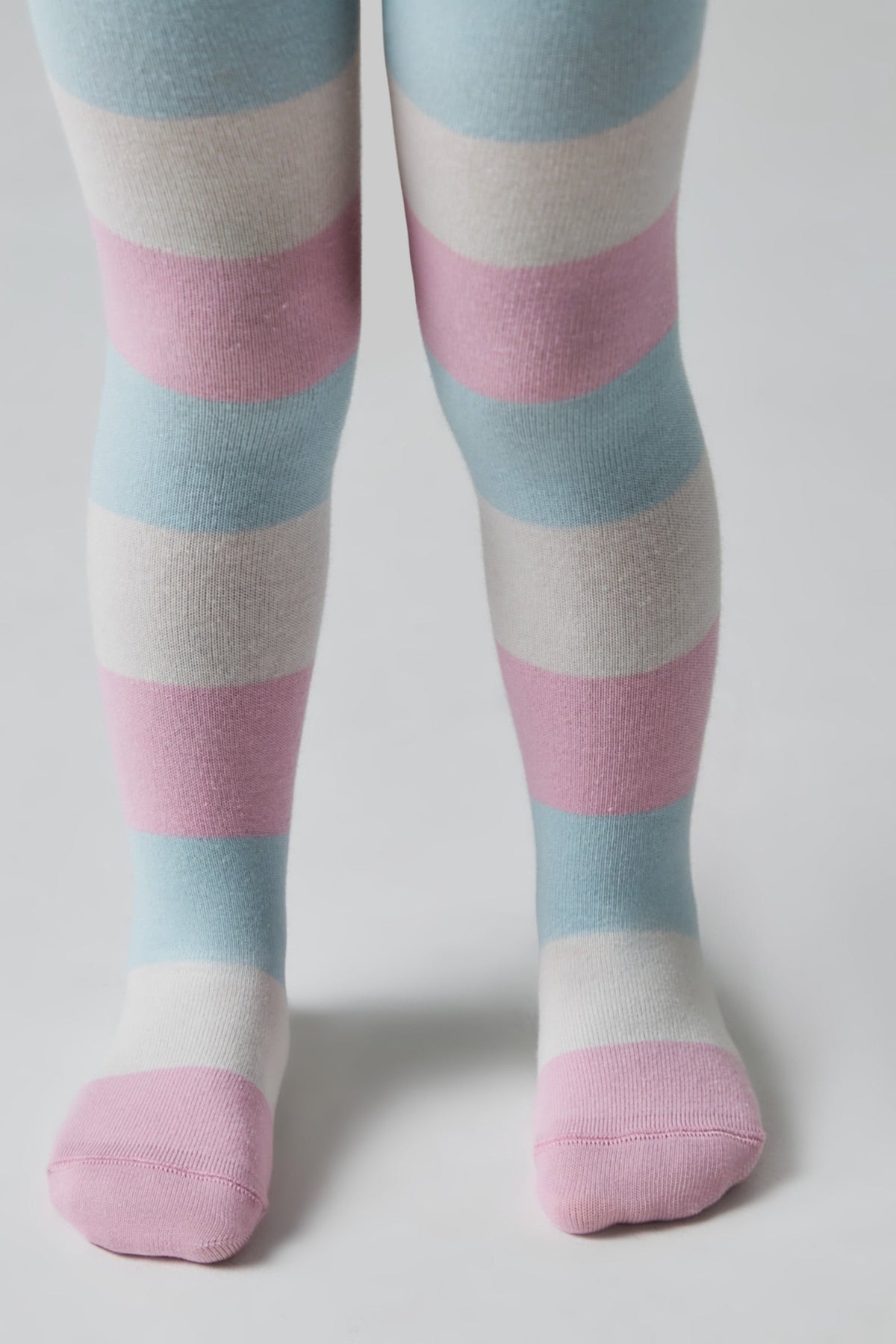 Kids cotton tights with pastel block stripes and closed toe cuffs