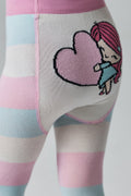 Kids cotton tights with pink, blue, and cream stripes and cartoon girl patch