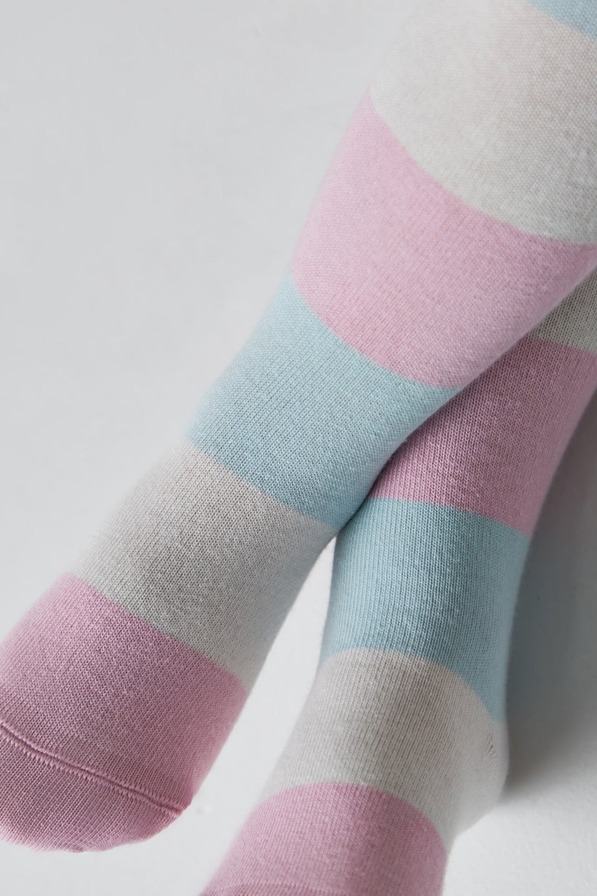 Kids cotton tights close-up of pastel stripe legs and ankle cuffs