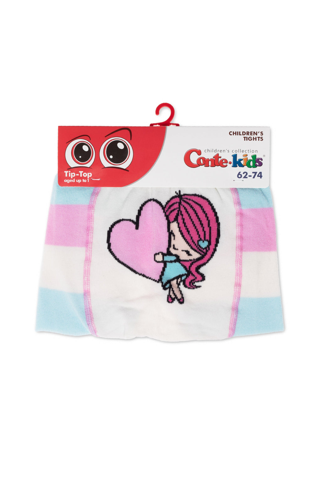 Kids cotton tights in packaging with pastel stripes and cartoon girl graphic