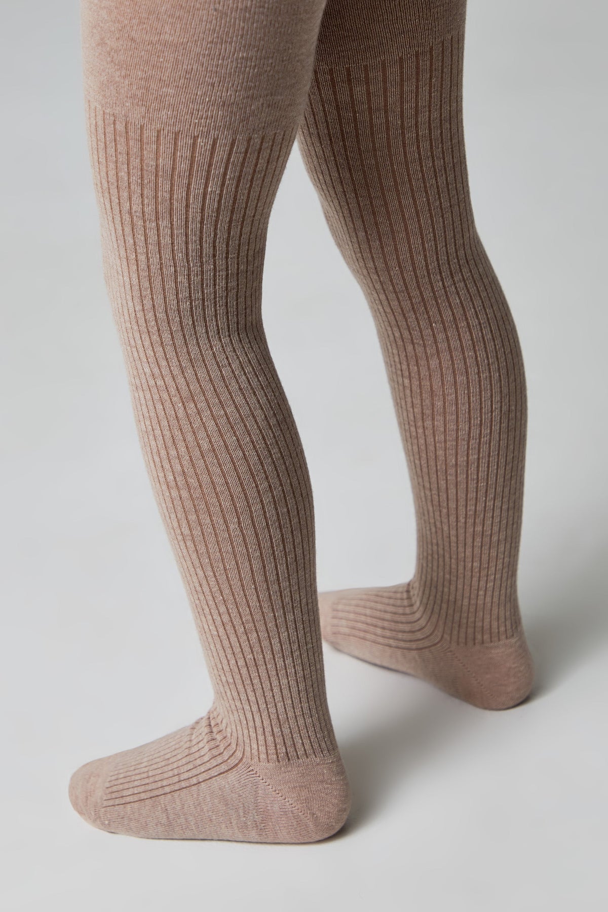 Beige kids cotton tights with vertical rib knit and closed toe