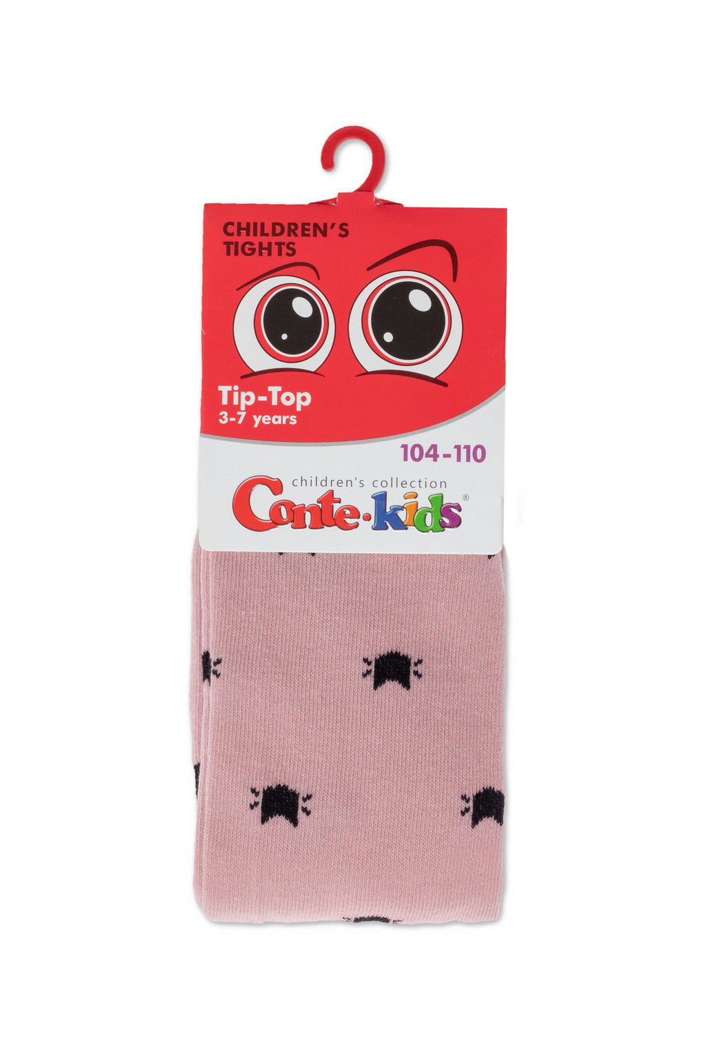 Pink kids cotton tights in retail package with black cat pattern, 104-110 size shown
