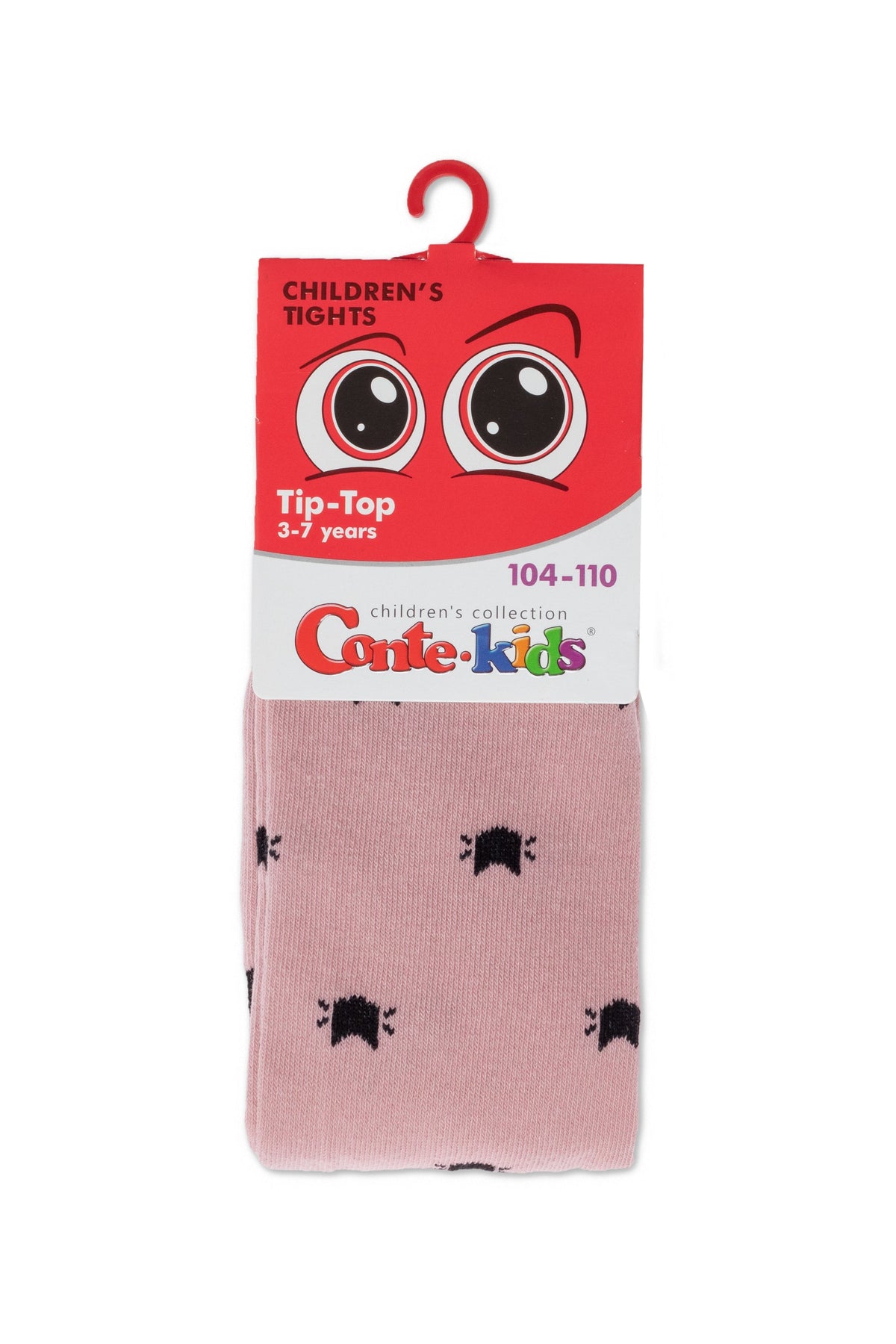 Pink kids cotton tights in retail package with black cat pattern, 104-110 size shown