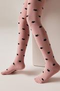Light pink kids cotton tights with small black cat pattern and footless toes visible