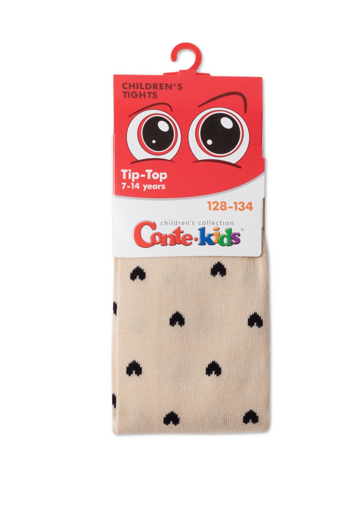 Kids cotton tights in beige with small black heart pattern, 128-134 size