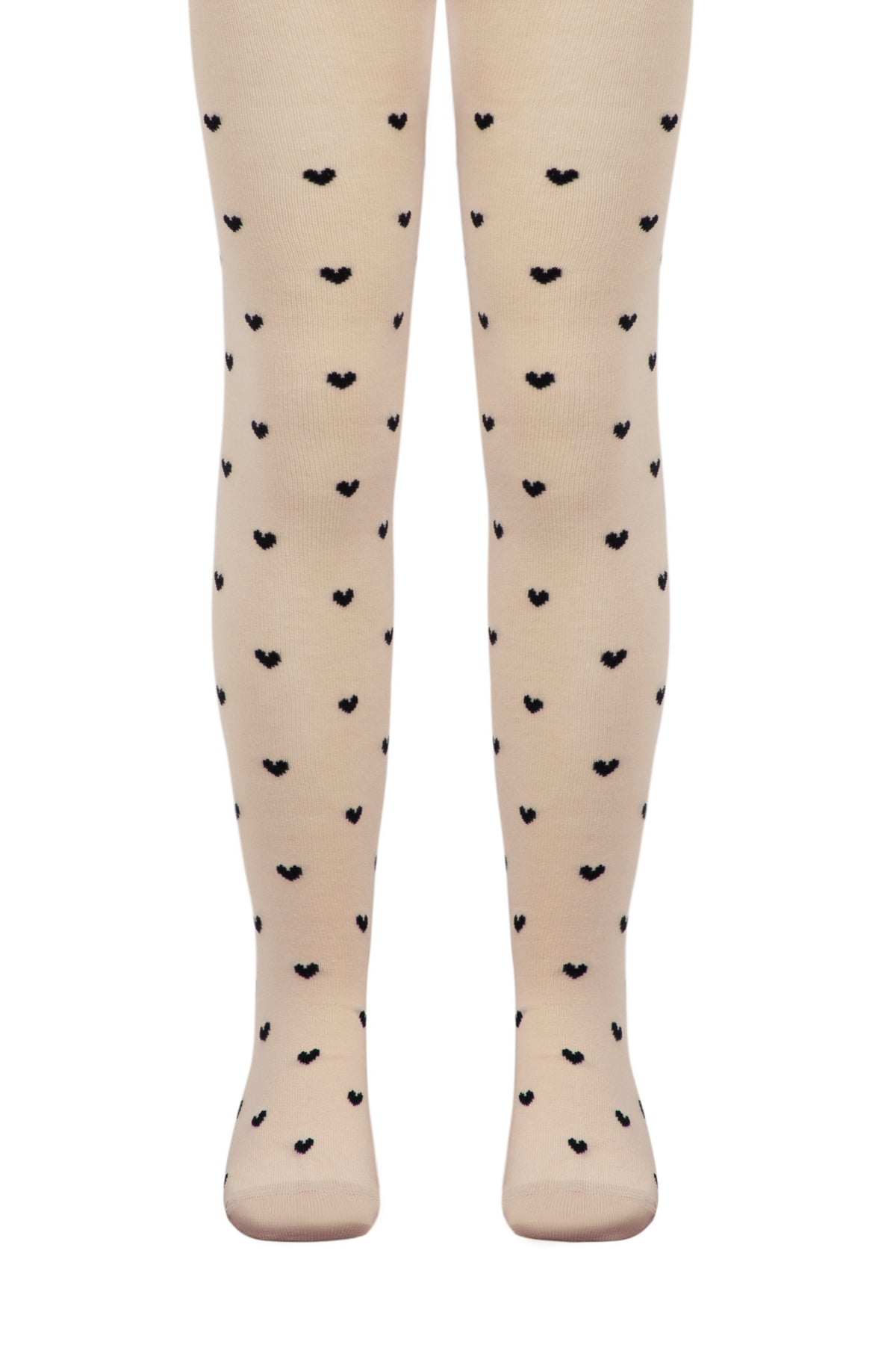 Kids cotton tights, beige with small dark hearts pattern, full leg view