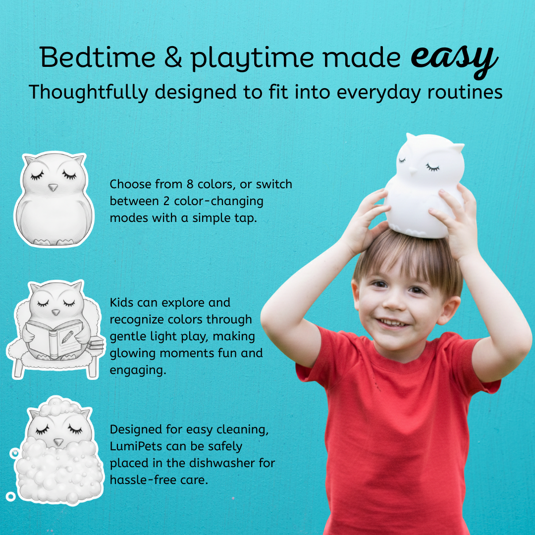 Child holding a white owl touch night light with closed eyes