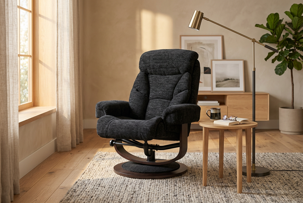 Dark recliner chair with ottoman, high back and rounded armrests on swivel base