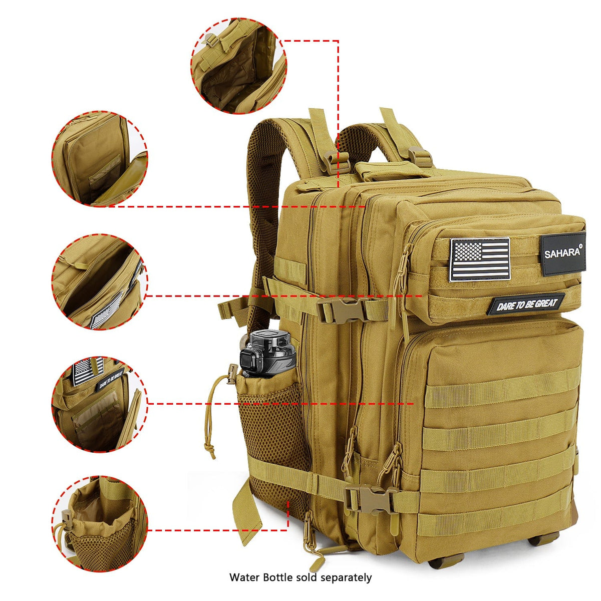 Khaki tactical travel laptop backpack detail view with front pouches and adjustable webbing straps