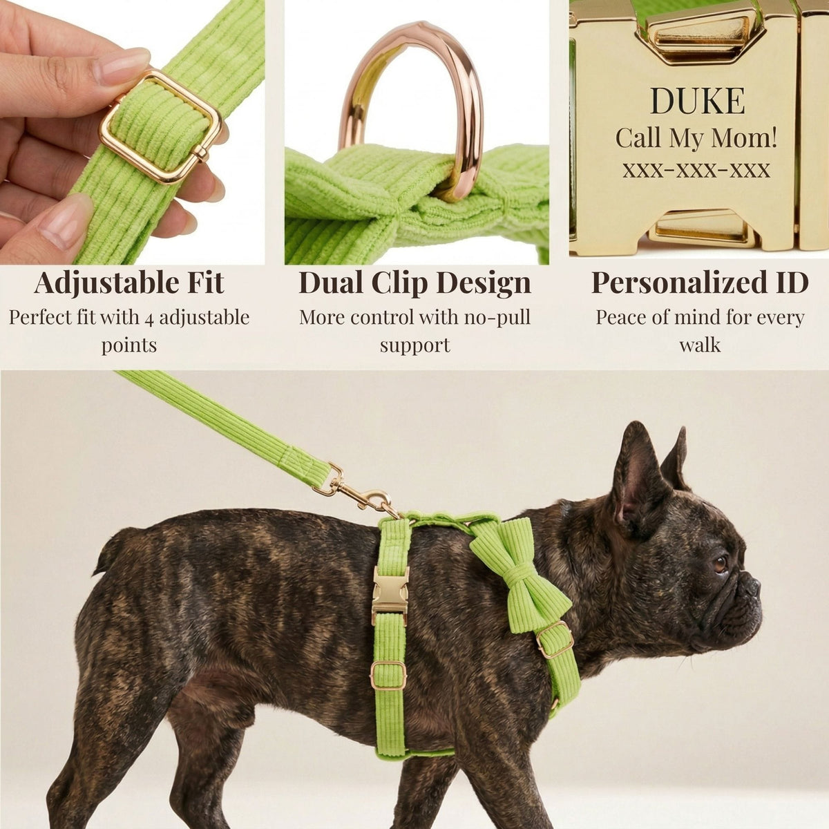 Apple green corduroy dog harness with adjustable straps and personalized ID tag