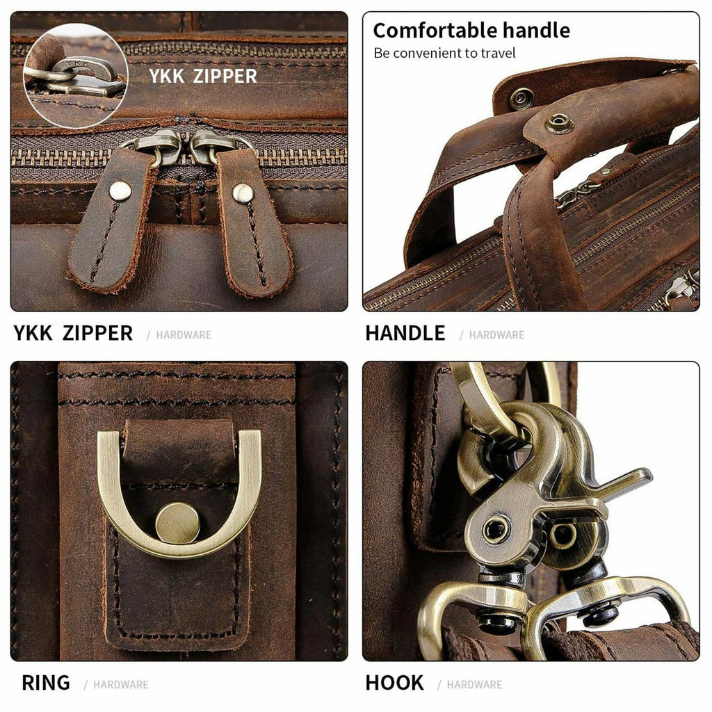 Brown leather briefcase details with YKK zipper and reinforced handle hardware