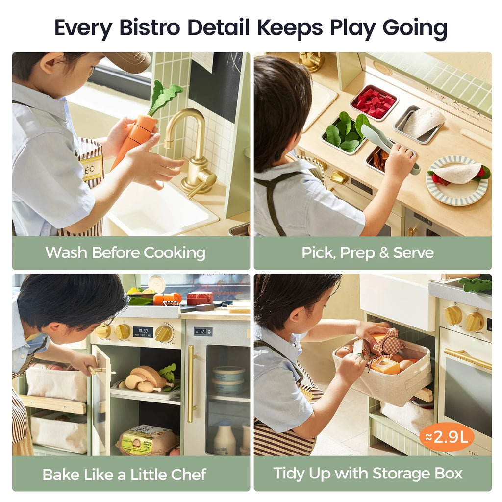 Kids using a green play kitchen for prep, baking, and serving with storage boxes.