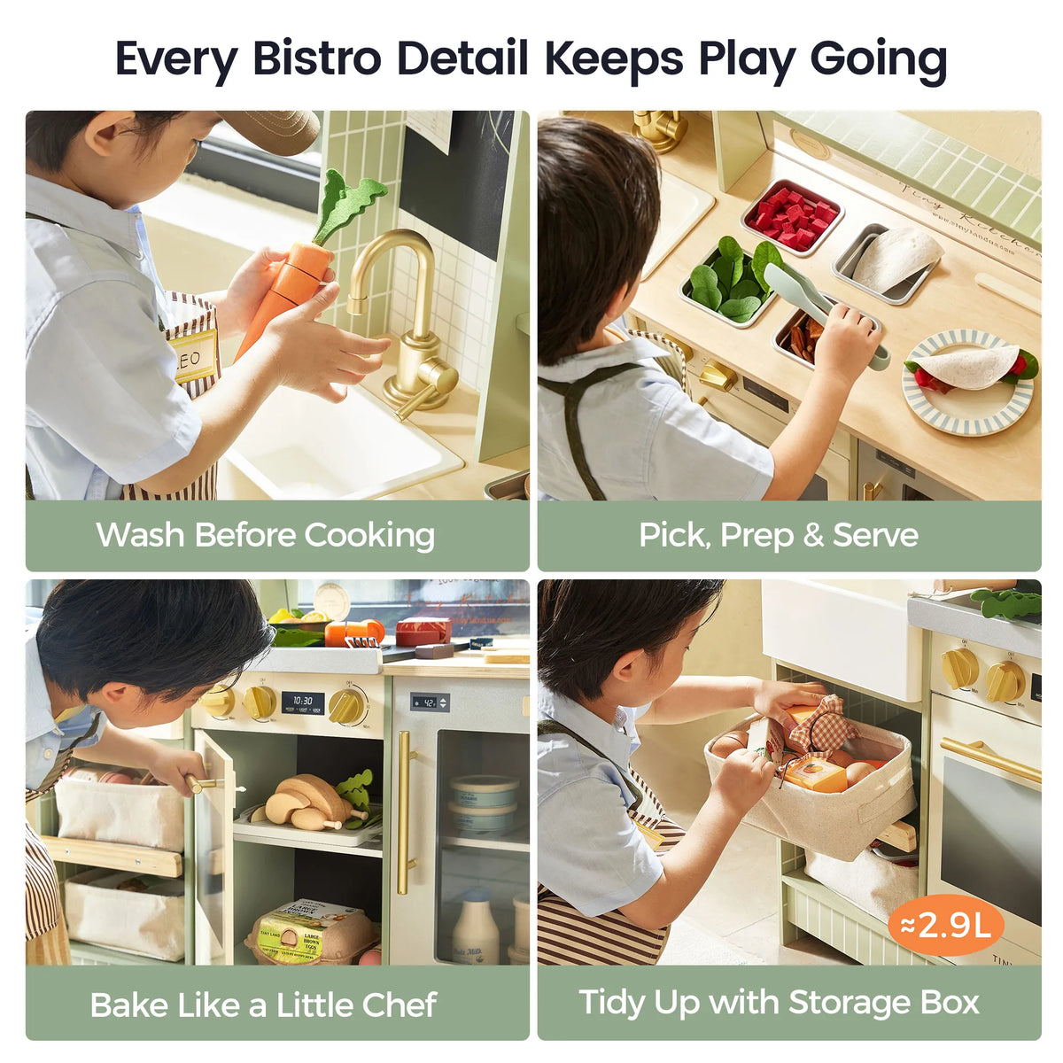 Kids using a green play kitchen for prep, baking, and serving with storage boxes.