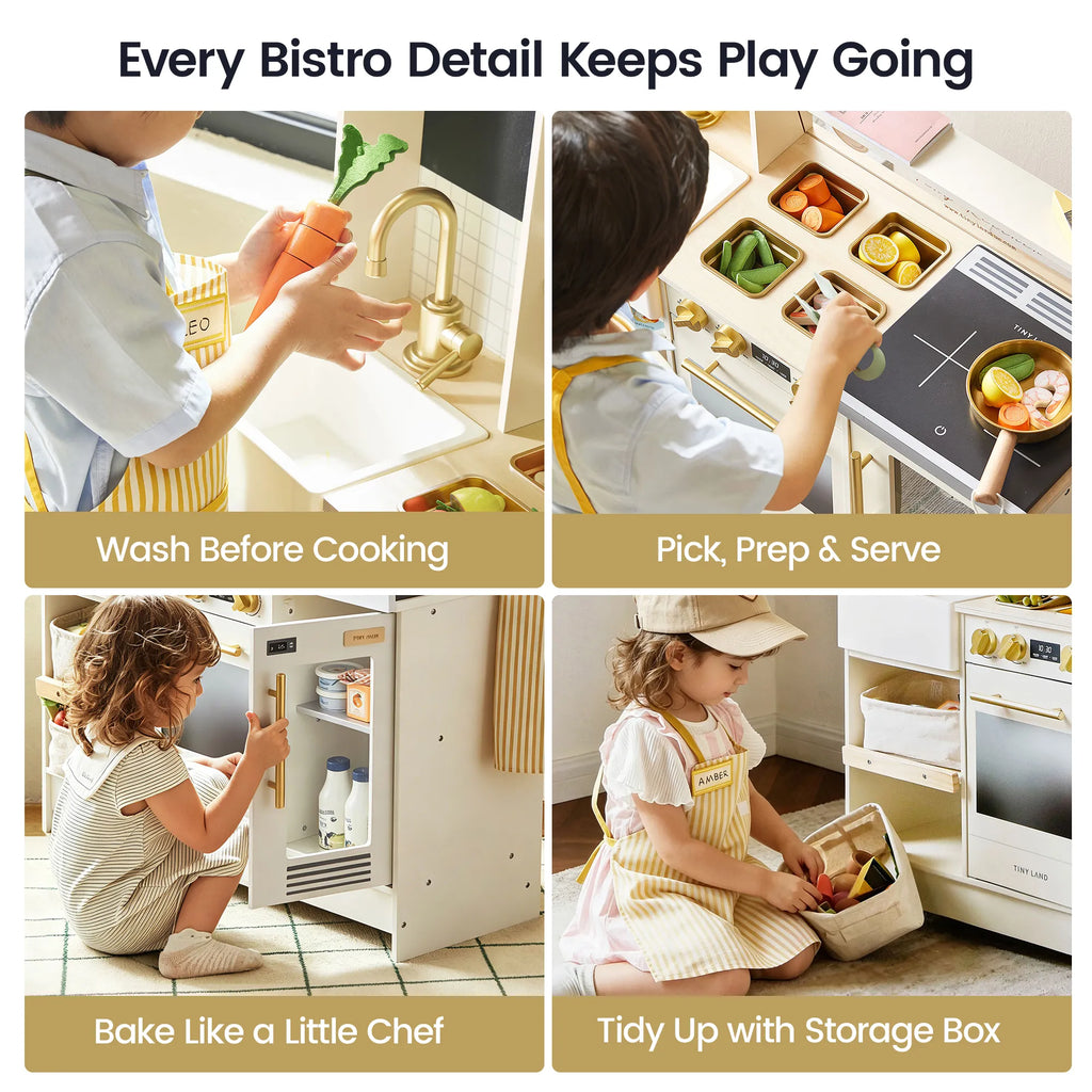Toy bistro kitchen action features with storage and cooking play scenes