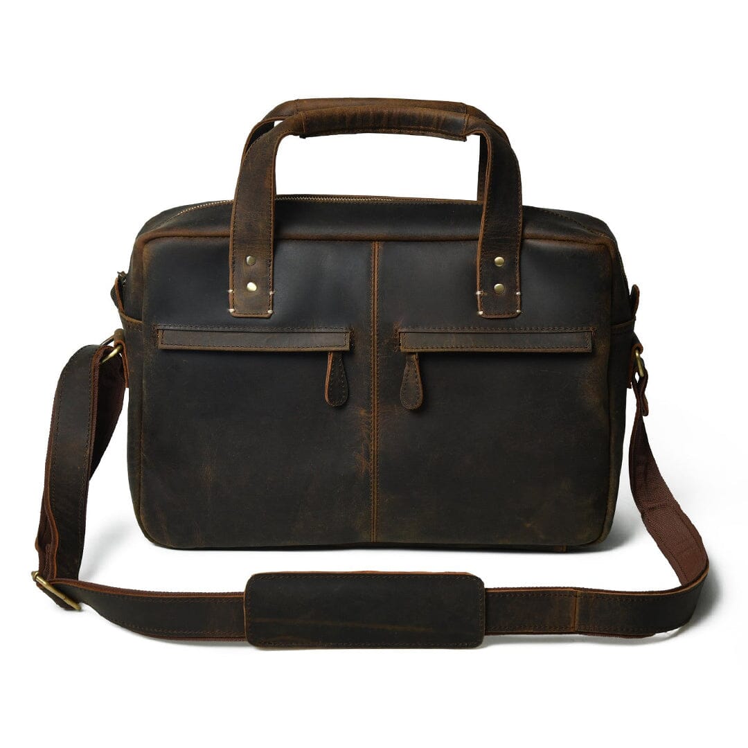 Dark brown leather briefcase with shoulder strap and dual front flap pockets