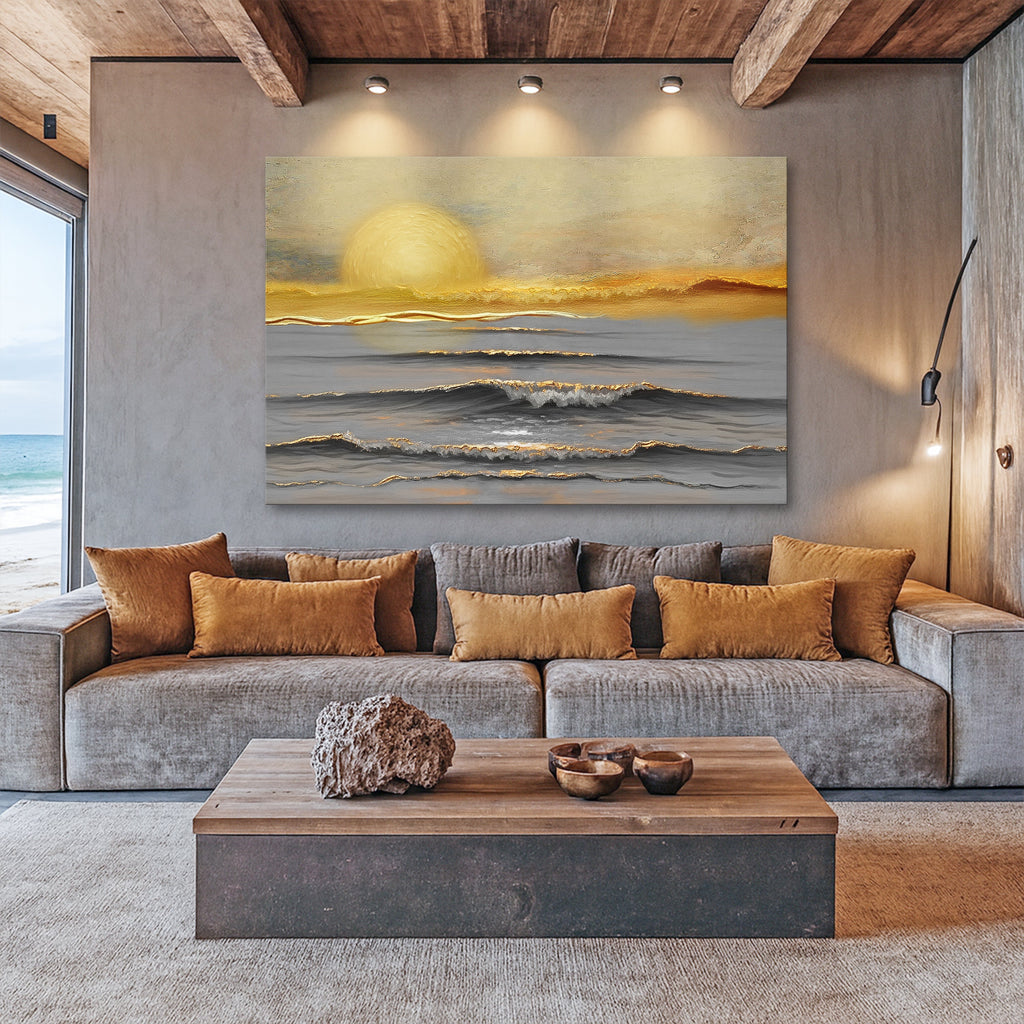 Large wall art canvas featuring a golden sun over seascape waves above a sofa.