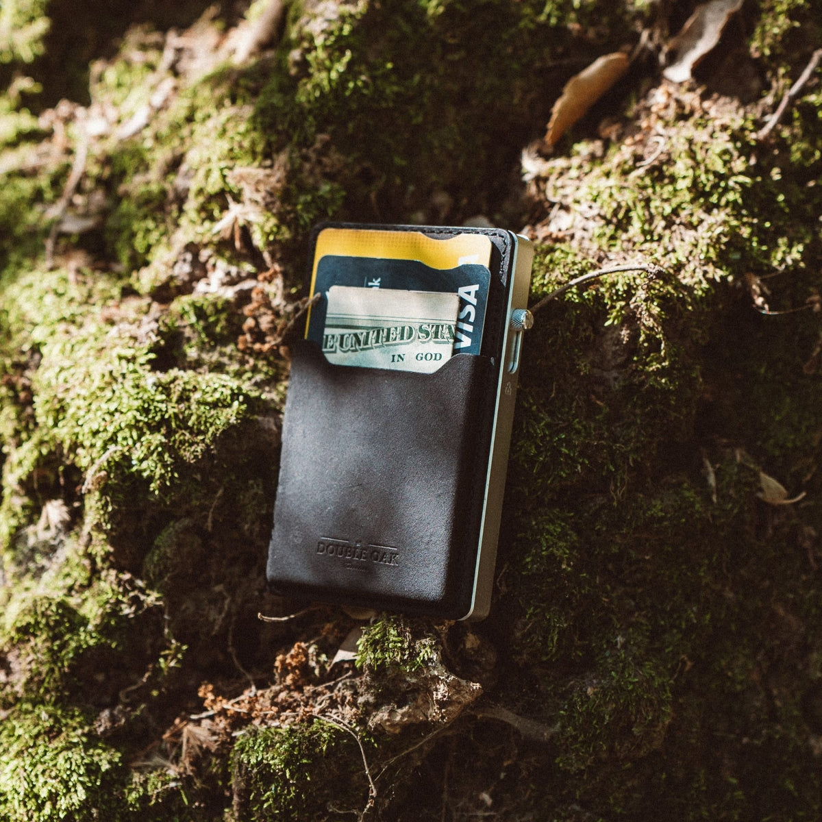 Gray leather mod wallet with yellow trim and front card pocket