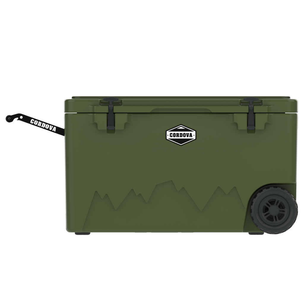 Olive green 125 qt wheeled cooler with Cordova badge, side strap, and rear wheel