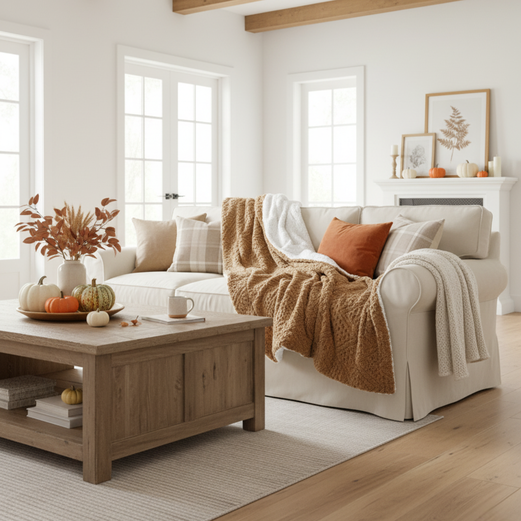 Caramel brown faux fur throw blanket partially draped over sofa cushions