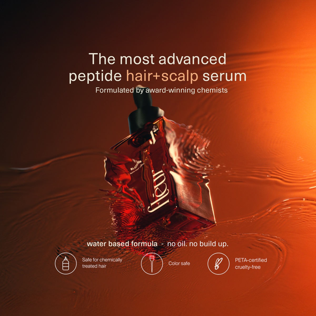 Hair and scalp serum dropper bottle illustration in dark amber, with water-based claim icons