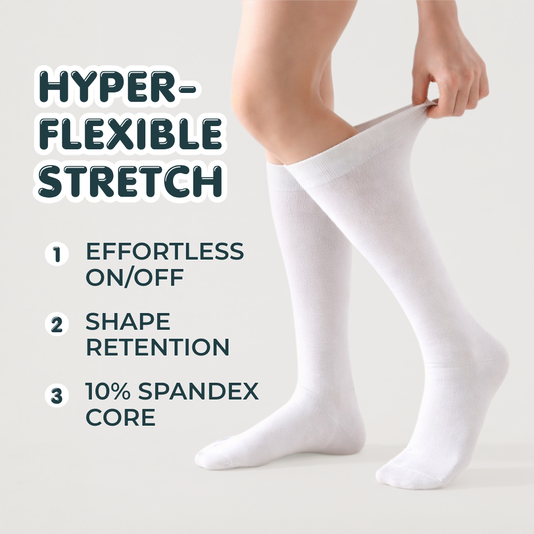 Cream white knee-high socks with stretchy knit and ribbed cuff