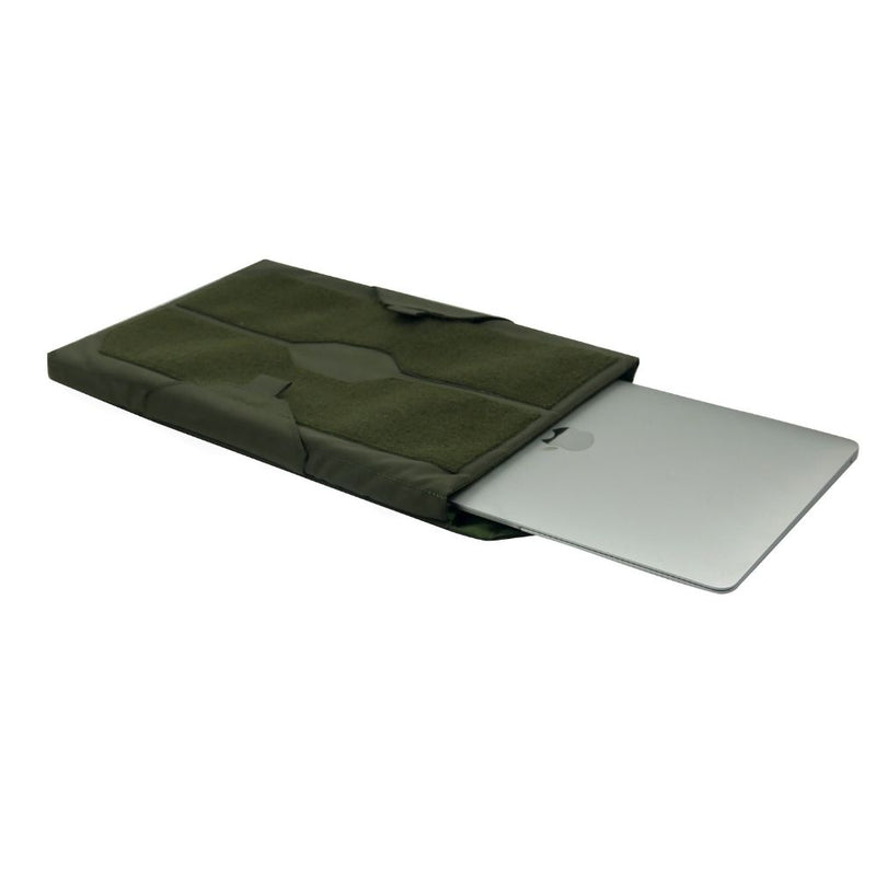Padded laptop sleeve in Ranger Green with top flap and padded laptop compartment