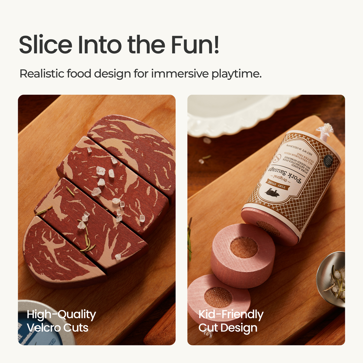 Sliced bacon-style toy food with velcro cut design on wooden board