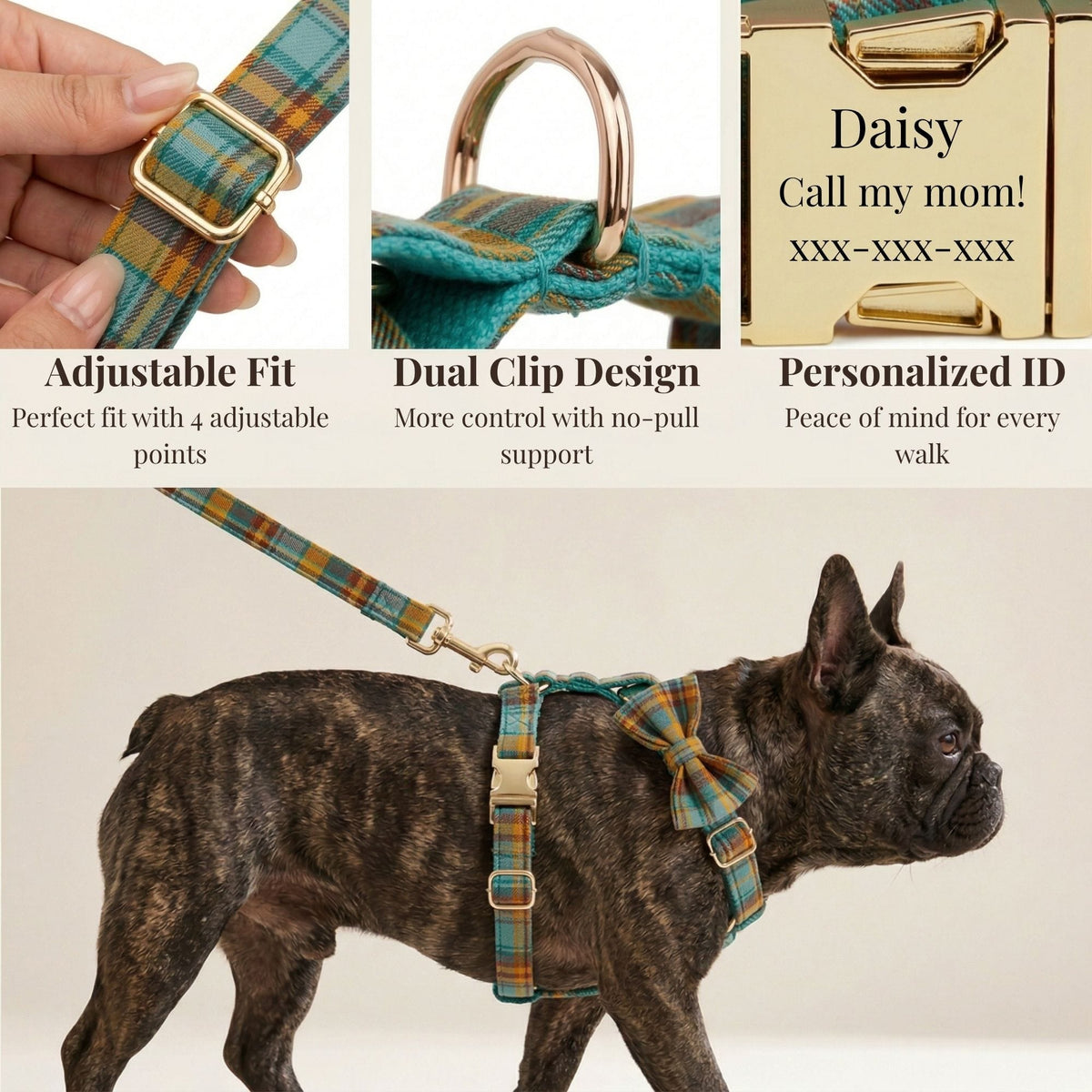 Plaid dog harness on a medium dog with adjustable fit and matching bowtie