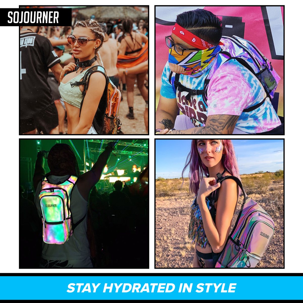 Holographic hydration pack backpack worn outdoors with drink tube