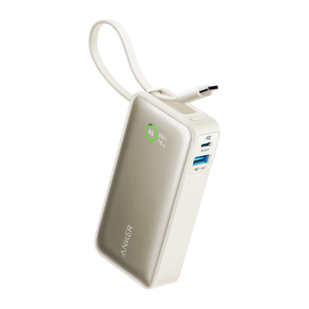 Shell white power bank with built-in USB-C cable, side ports and charging display visible