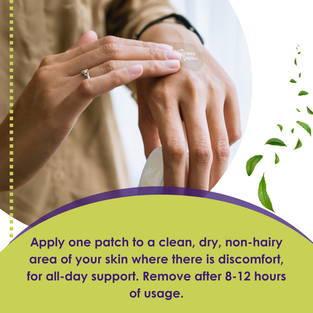 Relief patch being applied to a clean, dry skin area on the neck/shoulder