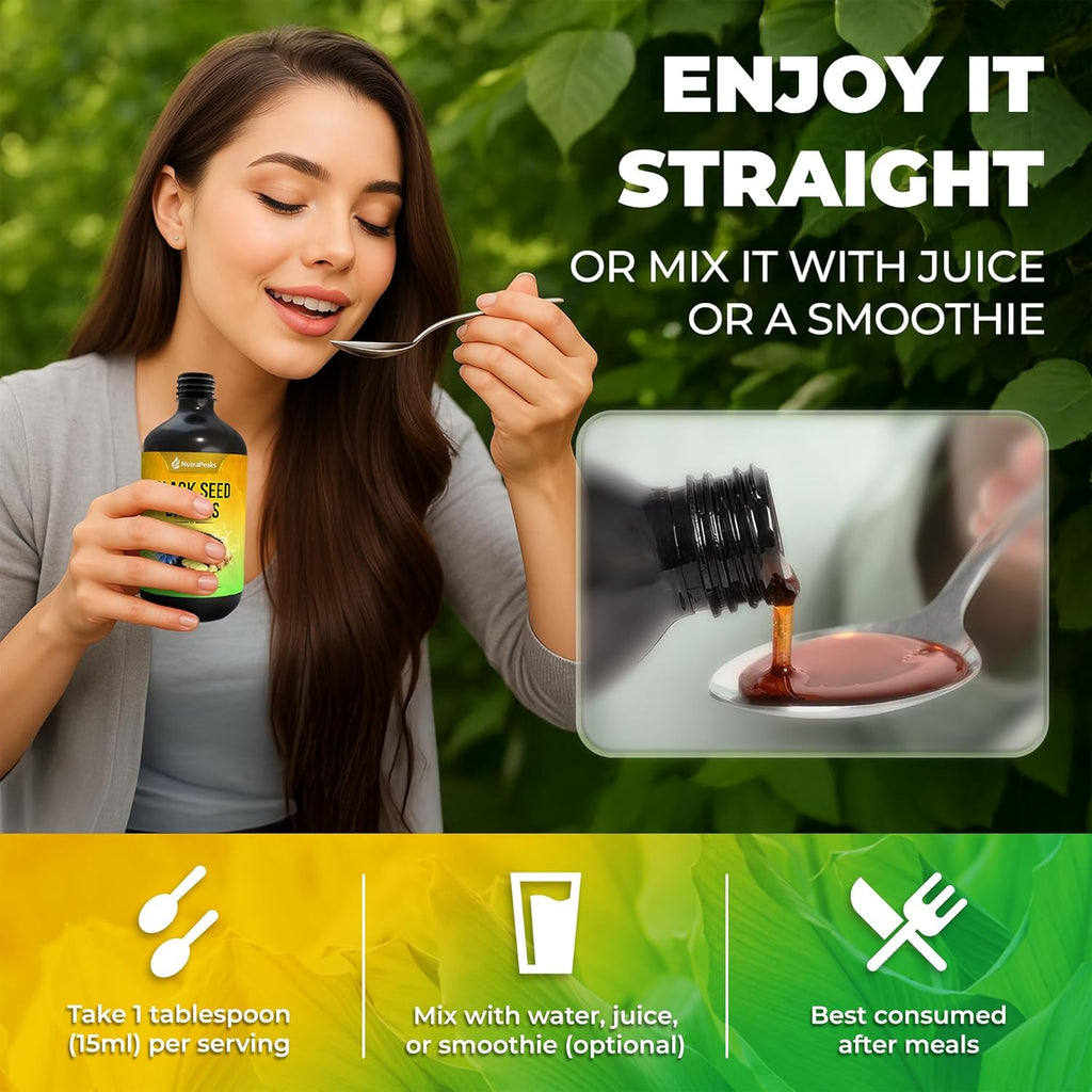 Black seed bitters bottle held by woman while sipping with spoon.