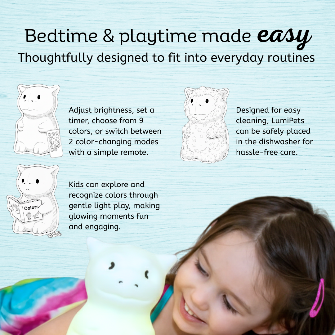 White silicone dragon night light glowing beside a child at bedtime