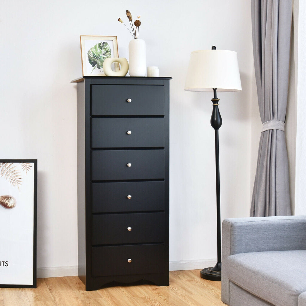 Dark gray 6-drawer chest dresser with stacked drawers and round metal knobs.