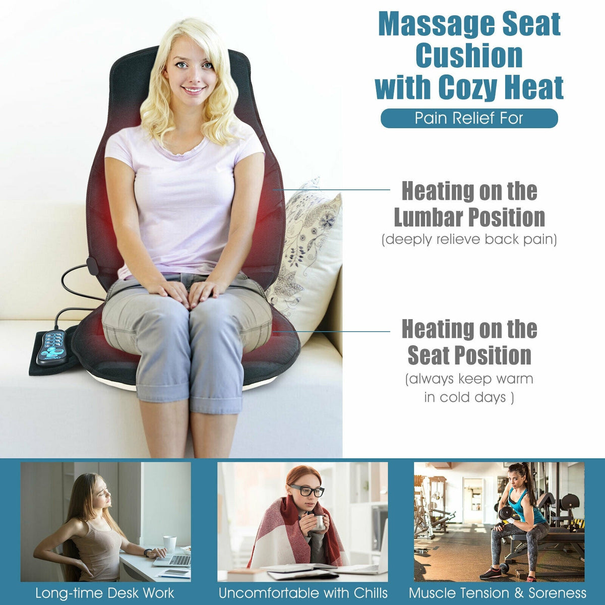 Seat cushion massager with cozy heat design, used on a living room chair.