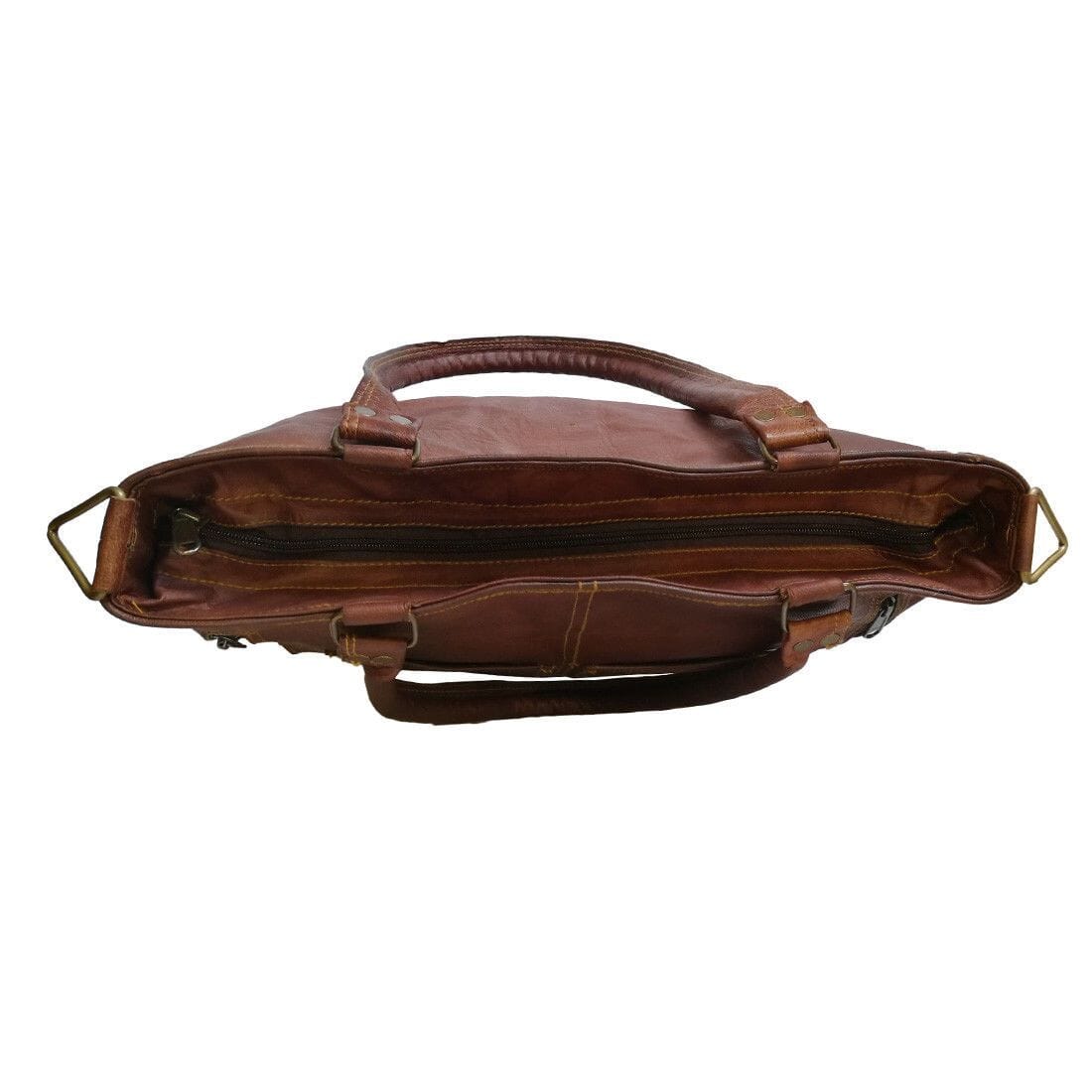 Terry tote bag side profile in brown leather with zipper closure and crossbody strap