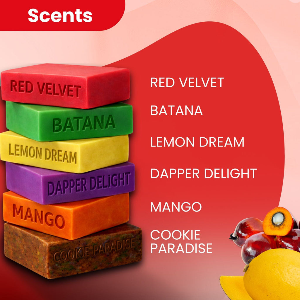 Colorful shampoo bar stack with red velvet, lemon dream, dapper delight, mango varieties