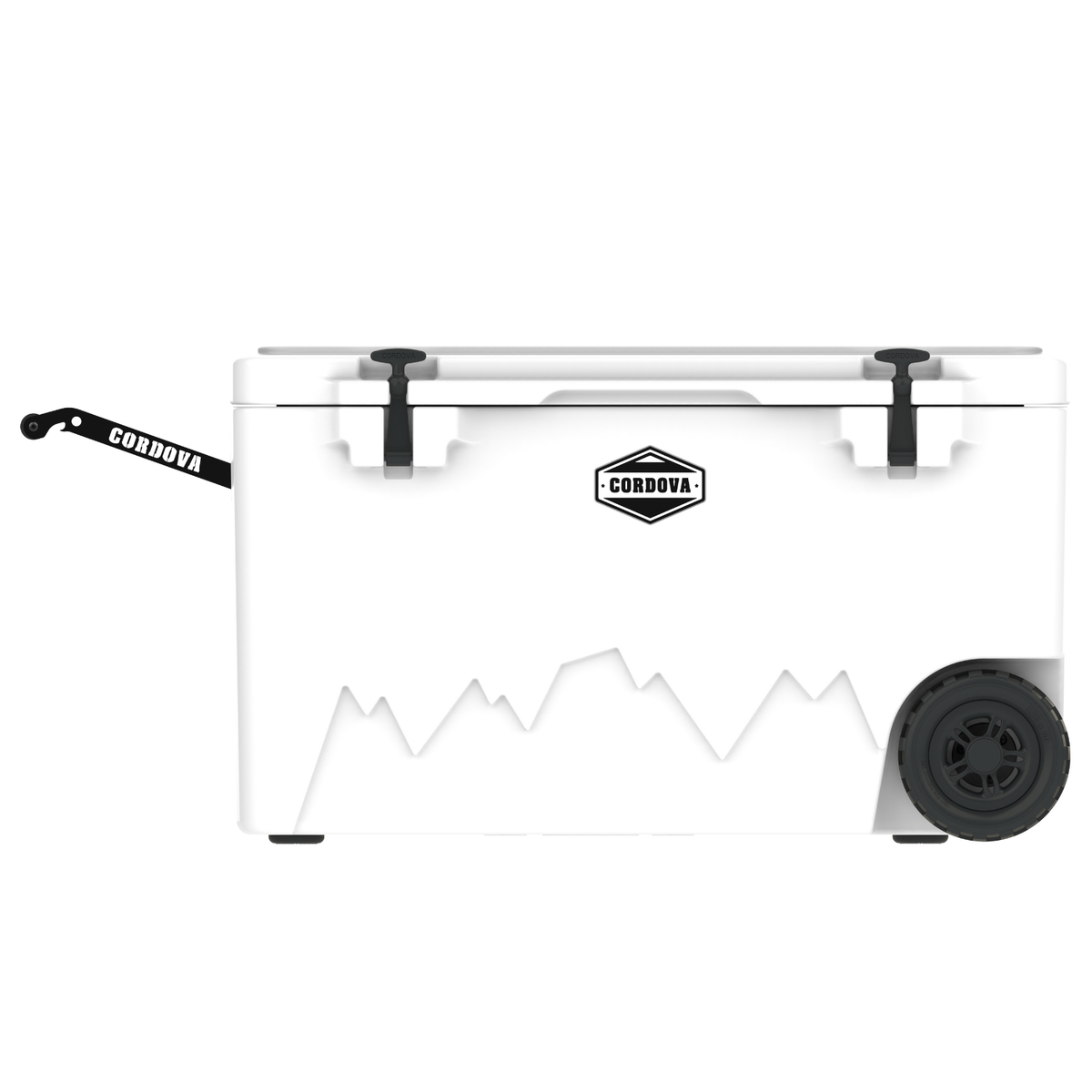 White wheeled cooler with CORDOVA logo, latch handles, and right-side wheel