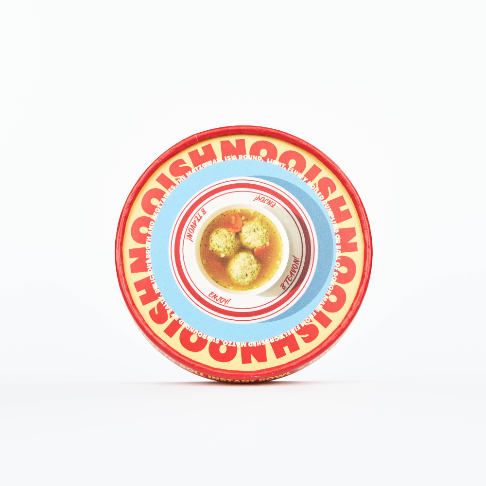 Red and blue soup cup lid with bowl image and circular label text